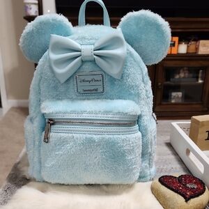 Loungefly Disney Parks Exclusive Minnie Mouse Light Blue Plush Mini Backpack